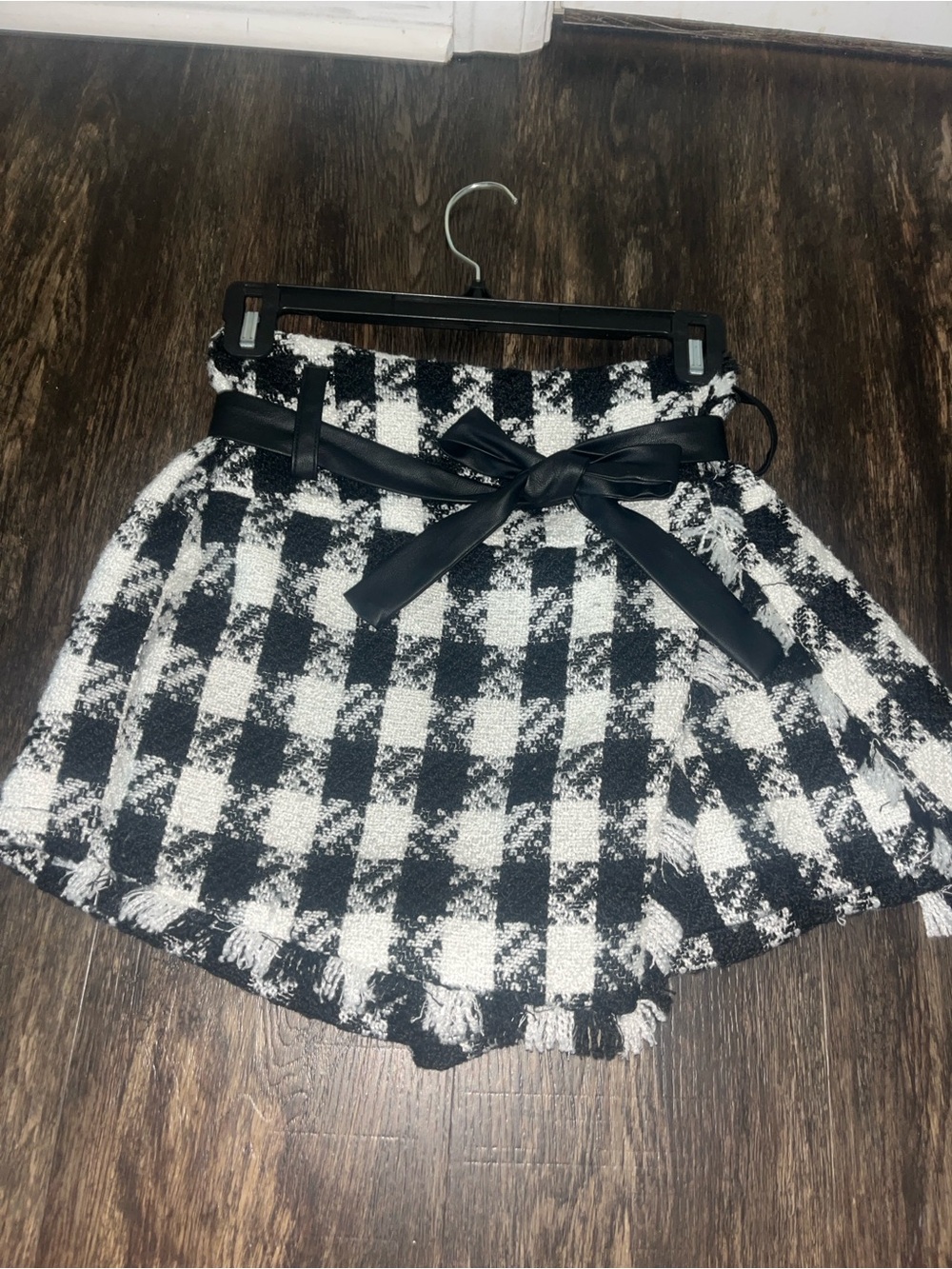 Black and White Checkered Paperbag Waist Skort with Ribbon Belt